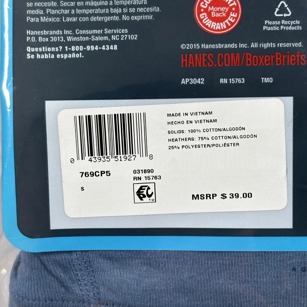 Hanes Ultimate Tagless Boxer Briefs 5-Pack Mens Small 28-30 Blue‎ Cotton